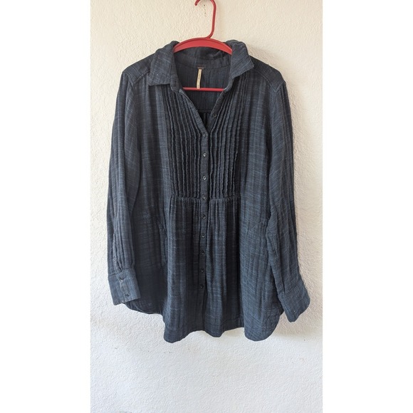 Free People Tops - Free People Pleated Tunic Shirt Dark Gray Long Sleeve Button Down Women's M